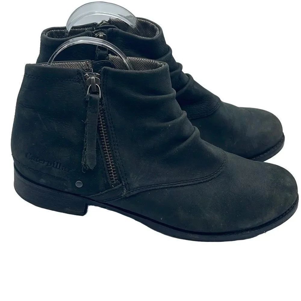 Caterpillar Women's Ankle Booties Double Zip Boots Ruched Leather Black Size 7